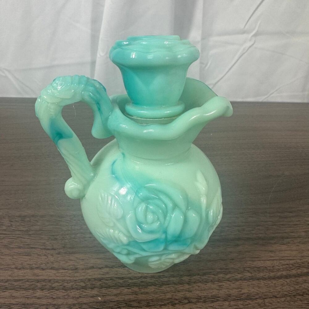 Vintage Avon Blue Milk Glass Pitcher‎ Cologne Bottle with Stopper 1970s